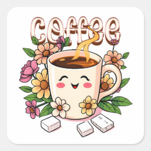 Süße Kawaii-Kaffee und Blumen Quadratischer Aufkleber