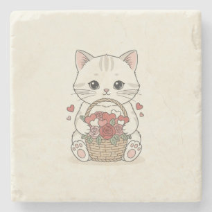 Süße Kawaii-Kätzchen-Rosen-Herz-Korb-Illustration Steinuntersetzer