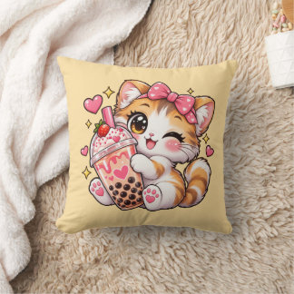 Süße Kawaii-Katze mit Bubble Tea Wurfkissen Kissen