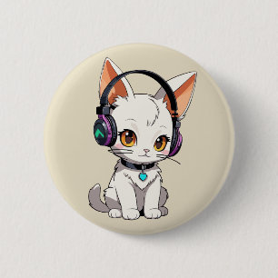 Süße Kawaii-Katze mit Kopfhörern Button