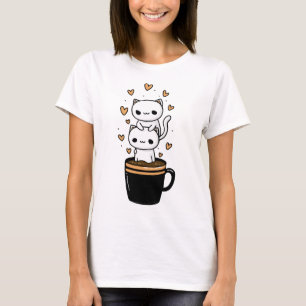 Süße Kawaii-Katze trinkt Kaffee-Mug-Herzen-T-Shirt T-Shirt
