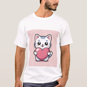 Süße Kawaii-Katze umarmt riesiges rosa Herz-Sticke T-Shirt