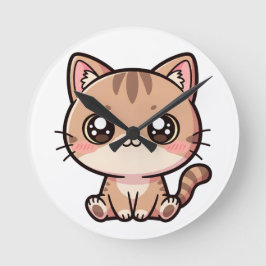 Süße Kawaii-Katzen-Chibi-Illustration Runde Wanduhr
