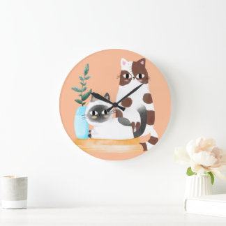 Süße Kawaii-Katzen-Duo-Illustration | Gemütliche K Große Wanduhr