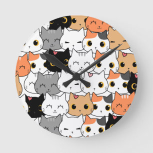 Süße Kawaii-Katzengesichter-Muster Runde Wanduhr