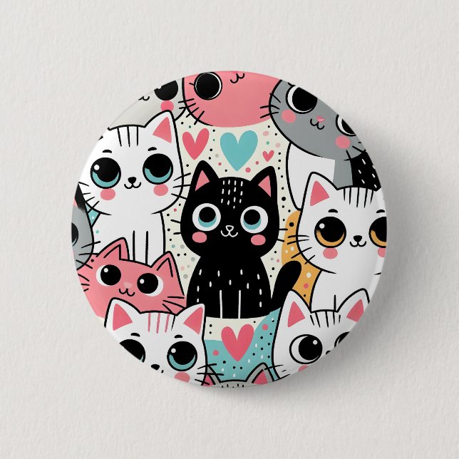 Süße Kawaii-Katzengesichter und Herzen Whimsical Button (Vorderseite)