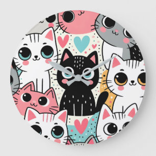 Süße Kawaii-Katzengesichter und Herzen Whimsical Große Wanduhr