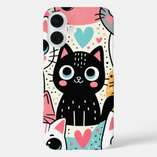 Süße Kawaii-Katzengesichter und Herzen Whimsical iPhone 16 Hülle
