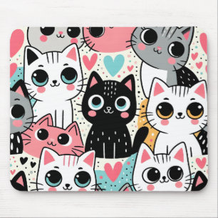 Süße Kawaii-Katzengesichter und Herzen Whimsical Mousepad