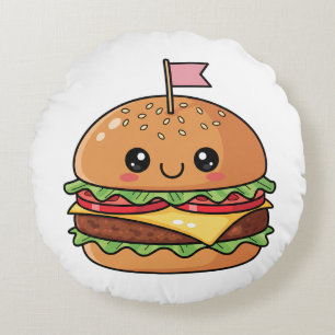 Süße Kawaii lächelnde Cheeseburger-Illustration Rundes Kissen