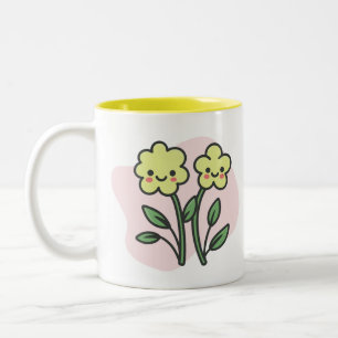 Süße Kawaii lächelnde gelbe Blumen Pastellrosa Zweifarbige Tasse