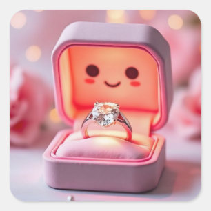 Süße Kawaii lächelnde Verlobungsring-Schachtel-Auf Quadratischer Aufkleber