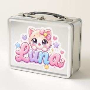 Süße Kawaii Luna Katzen Name Pastell Rosa Funkelnd Metall Brotdose
