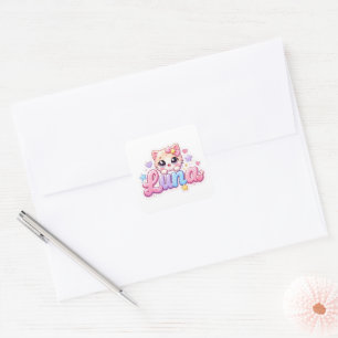 Süße Kawaii Luna Katzen Name Pastell Rosa Funkelnd Quadratischer Aufkleber