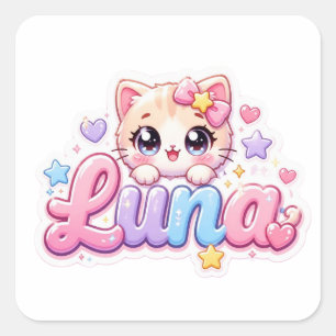 Süße Kawaii Luna Katzen Name Pastell Rosa Funkelnd Quadratischer Aufkleber