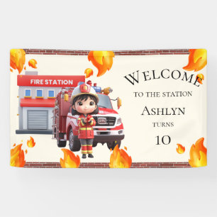 Süße Kawaii Mädchen Feuerwehrmann Feuerwehrauto Pa Banner
