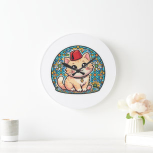 Süße Kawaii-Marokkanische Katze mit rotem Tarboush Große Wanduhr