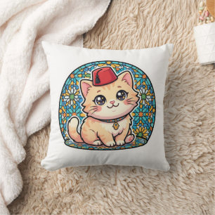Süße Kawaii-Marokkanische Katze mit rotem Tarboush Kissen