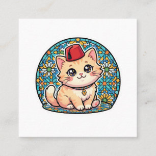 Süße Kawaii-Marokkanische Katze mit rotem Tarboush Quadratische Visitenkarte
