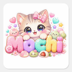 Süße Kawaii Mochi-Katze Name Pastellrosa Funkelnd Quadratischer Aufkleber