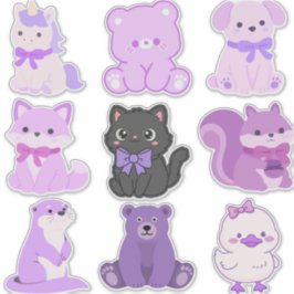 Süße Kawaii Pastelllila Tierfreunde-Bundle Aufkleber