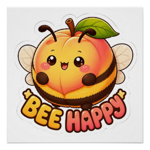 Süße Kawaii Pfirsich Biene Glücklich Lustiger Wort Poster