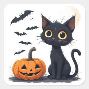 Süße Kawaii-Schwarze-Katze-Halloween-Spaß 🎃 Quadratischer Aufkleber