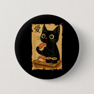 Süße Kawaii-Schwarze Katze isst Sushi Lustige Japa Button