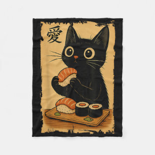 Süße Kawaii-Schwarze Katze isst Sushi Lustige Japa Fleecedecke