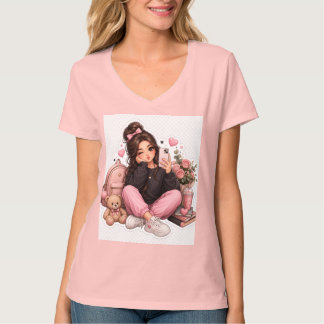 Süße Kawaii-Selfie-Girl-Sticker-T-Shirt-Design T-Shirt