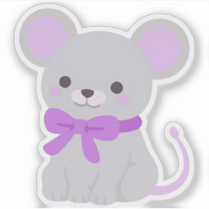 Süße Kawaii sitzende graue Maus mit lila Schleife Aufkleber