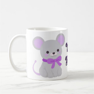 Süße Kawaii sitzende graue Maus mit lila Schleife Kaffeetasse