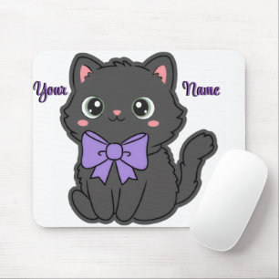 Süße Kawaii sitzende schwarze Katze lila Schleife Mousepad