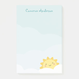 Süße kawaii Sonne auf Wolkenhintergrund mit Namens Post-it Klebezettel