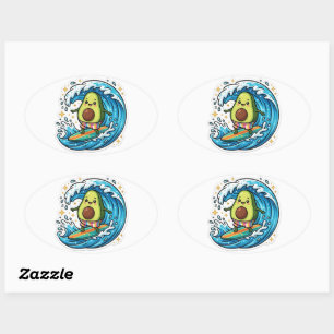Süße Kawaii-Surf-Avocado-Ozeanwelle-Sommer-Sticker Ovaler Aufkleber
