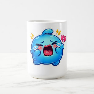Süße Kawaii Traurige Blaue Schleimfigur Weint mit Kaffeetasse
