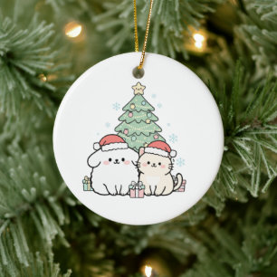 Süße Kawaii Weihnachtskatze und Hund Festliche Fei Keramik Ornament