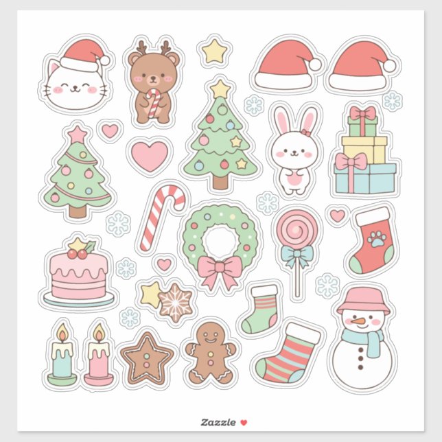 Süße Kawaii-Weihnachtskollektion: Pastelltiere Aufkleber (Blatt)