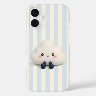 Süße Kawaii-Wolke auf blauem Streifen-Handygehäuse iPhone 16 Hülle