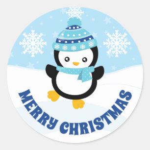 Süße Kinder Blaue Mütze Pinguin Frohe Weihnachten Runder Aufkleber