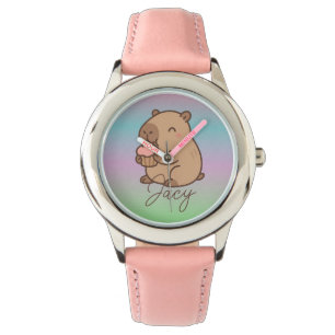Süße Kinder Capybara beim Verzehr von Cupcakes Reg Armbanduhr