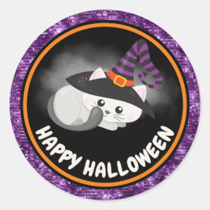 Süße Kinder Katze & Lila Glitter Frohes Halloween Runder Aufkleber