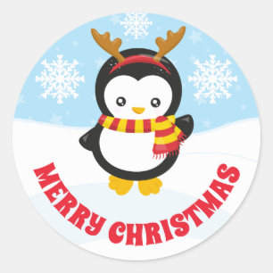 Süße Kinder Pinguin in Geweih Frohe Weihnachten Runder Aufkleber