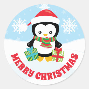 Süße Kinder Rote Weihnachtsmannmütze Pinguin Frohe Runder Aufkleber