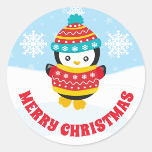 Süße Kinder rote Weihnachtspullover Pinguin Runder Aufkleber