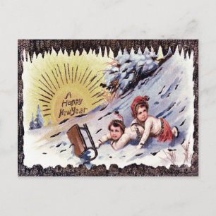 Süße Kinder Schlitten Schnee Sonne Schlittenfahren Postkarte