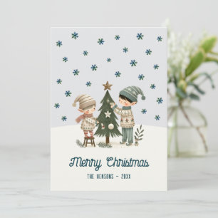 Süße Kinder schmücken Weihnachtsbaum Zeichnung Feiertagskarte
