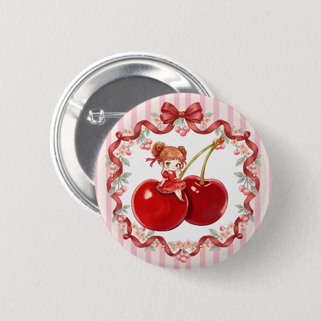 Süße Kirsche Rosa Kokette Rotes Band Süßes Mädchen Button (Vorne & Hinten)
