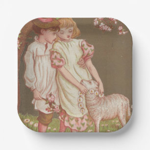 Süße kitschige Vintage-Valentinsgrüße, Kinder mit  Pappteller
