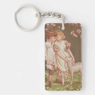 Süße kitschige Vintage-Valentinsgrüße, Kinder mit  Schlüsselanhänger